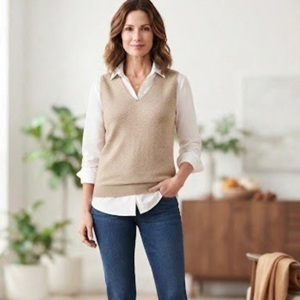 J. Jill Reversible Sweater Vest XL Oatmeal Heather V-Neck Sleeveless Knit Basics